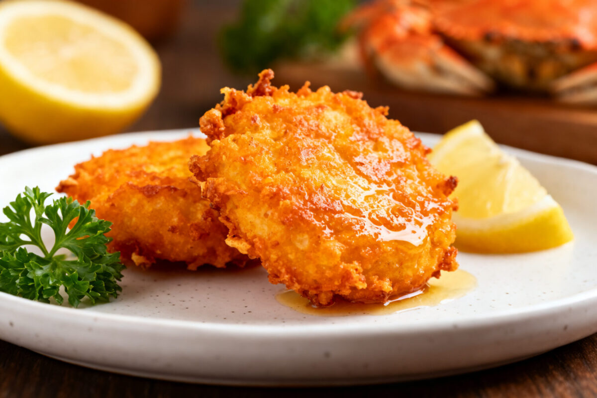 Air fryer crab crunchies with a crispy golden breadcrumb coating, served on a plate with lemon wedges and fresh parsley garnish.