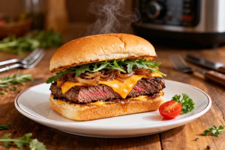 Air fryer steak sandwich with juicy sliced steak, melted cheddar cheese, caramelized onions, and fresh arugula on a toasted sandwich bun.