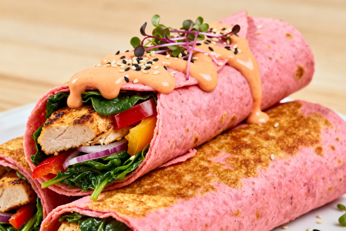 Air fryer pink protein wraps filled with grilled chicken, fresh spinach, red peppers, and onions, topped with creamy sauce, sesame seeds, and microgreens.