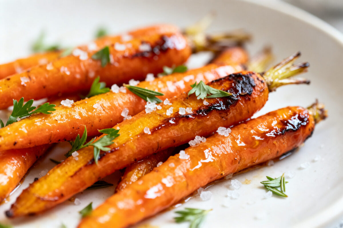Air fryer roasted carrots caramelized until tender, topped with coarse sea salt and fresh herbs, served as a simple and flavorful side dish.
