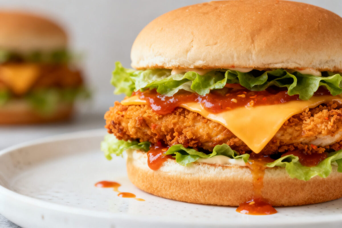 Air fryer spicy chicken sandwich with crispy breaded chicken, melted cheddar cheese, fresh lettuce, and spicy sauce on a soft toasted bun.