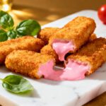 Air fryer pink mozzarella sticks with a crispy golden breadcrumb coating and melted pink cheese filling, served on a white platter with fresh basil leaves.