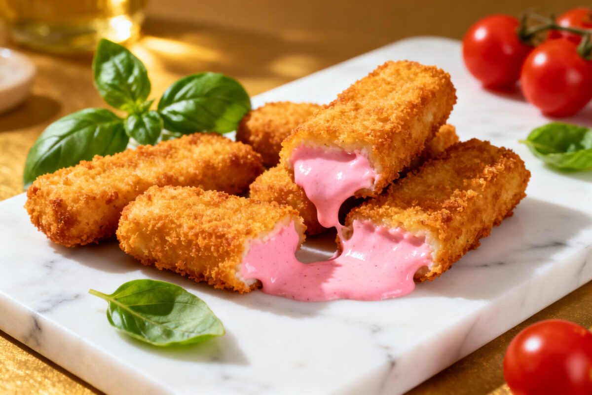 Air fryer pink mozzarella sticks with a crispy golden breadcrumb coating and melted pink cheese filling, served on a white platter with fresh basil leaves.