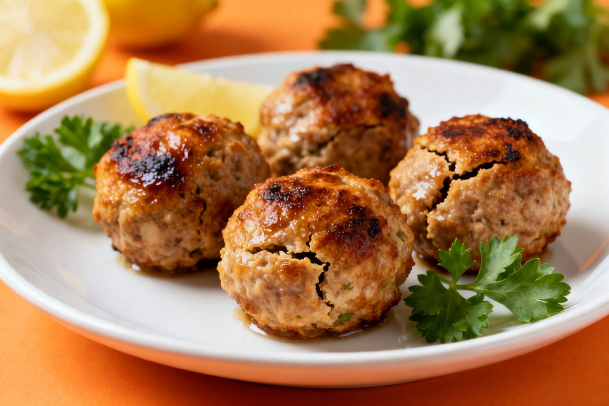 Air fryer turkey meatballs with a golden brown crust and juicy interior, served on a white plate with fresh parsley and lemon wedges.