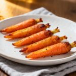 Air fryer baby carrot fries roasted until tender with lightly crispy edges, seasoned and served on a white plate as a healthy vegetable side dish.