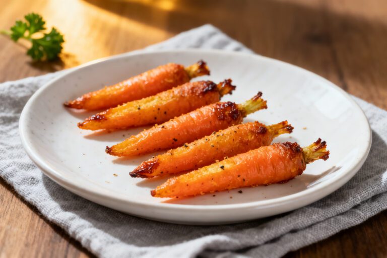 Air fryer baby carrot fries roasted until tender with lightly crispy edges, seasoned and served on a white plate as a healthy vegetable side dish.
