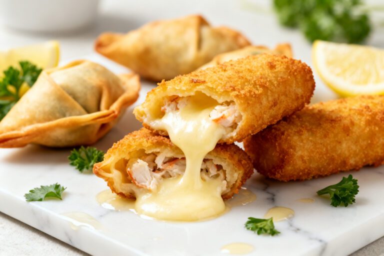 Air fryer crab rangoon mozzarella sticks with a crispy golden breadcrumb coating, filled with creamy crab and melted mozzarella cheese, served with lemon wedges and fresh parsley.