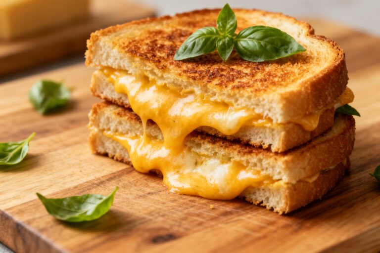 Air fryer grilled cheese sandwich with crispy golden toasted bread and gooey melted cheddar cheese, stacked on a wooden board with fresh basil leaves.