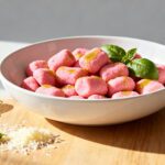 Air fryer pink gnocchi served in a white bowl, lightly crisped on the outside and garnished with fresh basil and grated parmesan cheese.