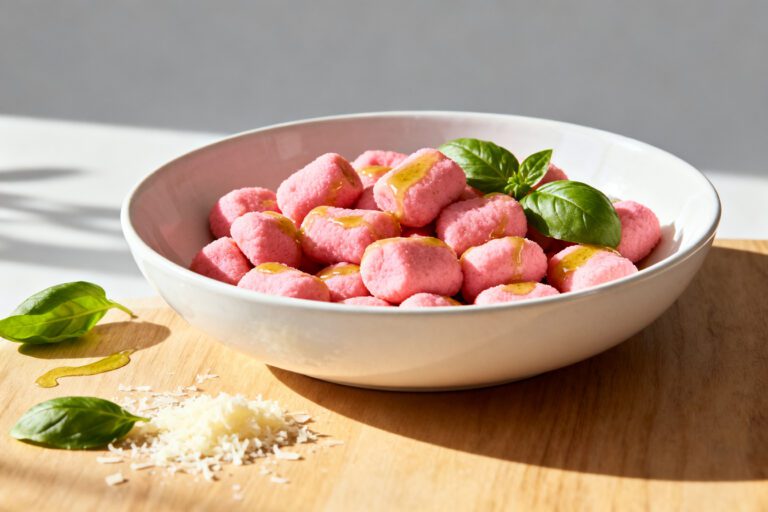 Air fryer pink gnocchi served in a white bowl, lightly crisped on the outside and garnished with fresh basil and grated parmesan cheese.