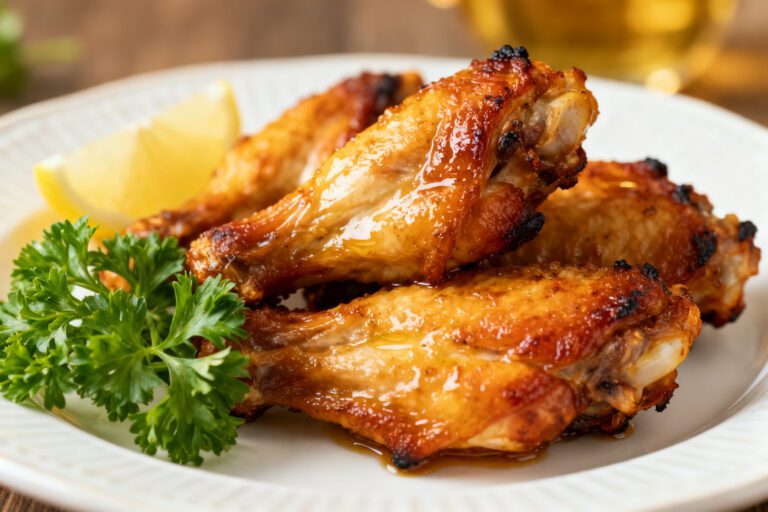 Air fryer turkey wings with crispy golden skin and juicy meat, served on a white plate with fresh parsley and lemon wedges.