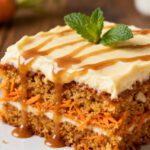 Air fryer carrot cake topped with cream cheese frosting and caramel drizzle, layered with shredded carrots and warm spices, garnished with fresh mint leaves.