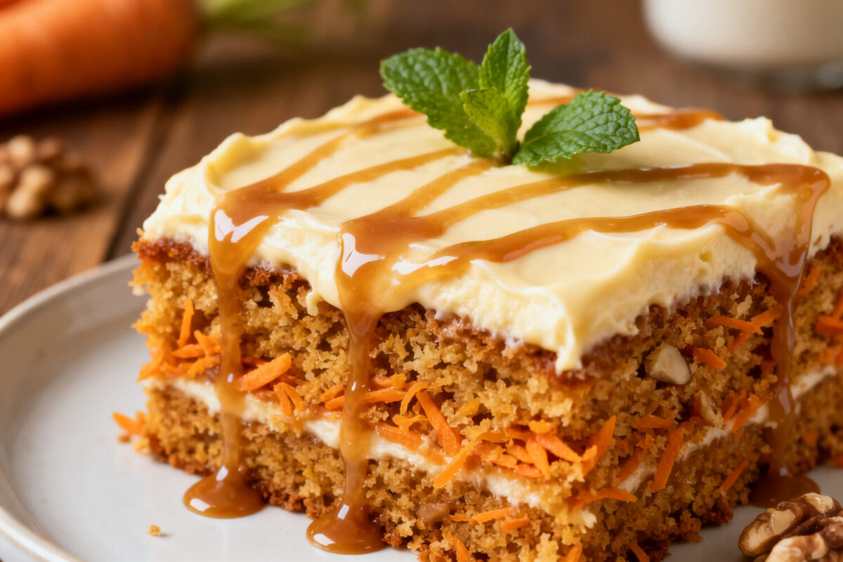 Air fryer carrot cake topped with cream cheese frosting and caramel drizzle, layered with shredded carrots and warm spices, garnished with fresh mint leaves.