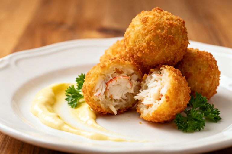 Air fryer crab balls with a crispy golden breadcrumb coating, filled with tender crab meat and served with creamy dipping sauce and fresh parsley.