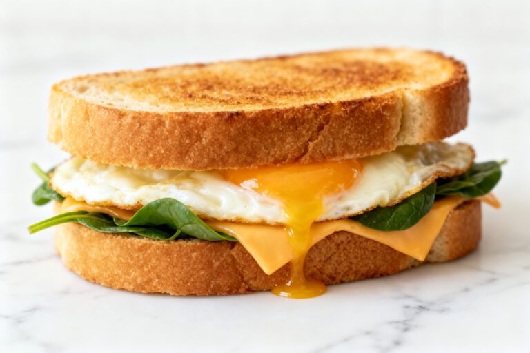 Air fryer egg sandwich with a fried egg, melted cheddar cheese, and fresh spinach on toasted bread, perfect for a quick and satisfying breakfast.