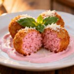 Air fryer pink risotto balls with a crispy golden breadcrumb coating, filled with vibrant pink risotto and served on a creamy pink sauce with basil and parmesan.