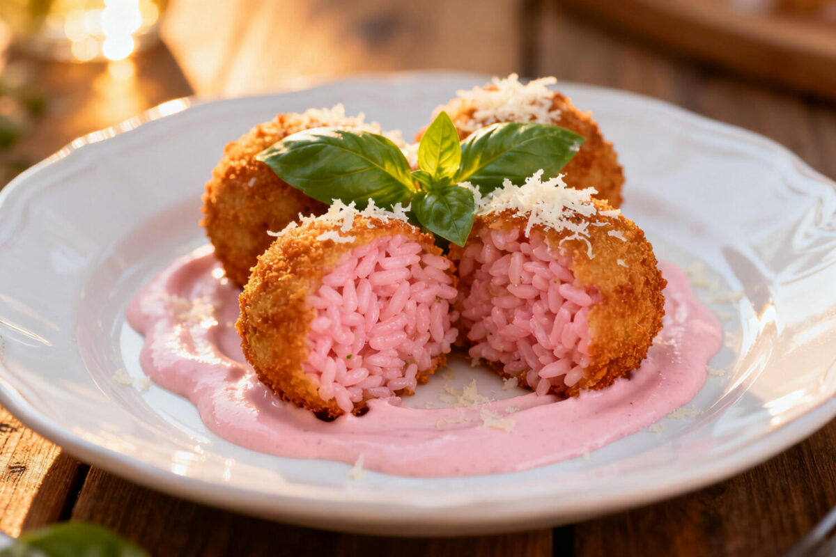 Air fryer pink risotto balls with a crispy golden breadcrumb coating, filled with vibrant pink risotto and served on a creamy pink sauce with basil and parmesan.