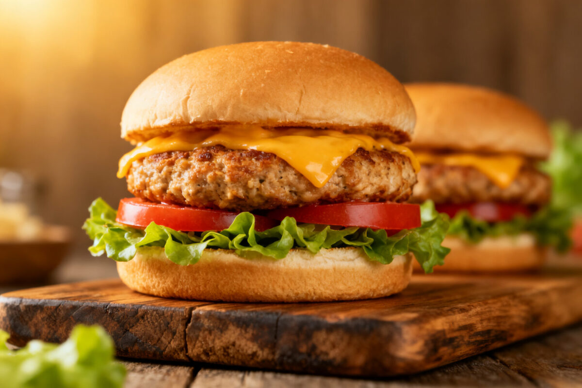 Air fryer turkey burgers with juicy seasoned turkey patties, melted cheddar cheese, fresh lettuce, and tomato slices on soft burger buns.