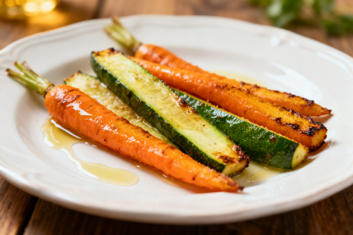Air fryer carrots and zucchini roasted until tender with lightly caramelized edges, drizzled with glaze and served as a simple and flavorful vegetable side dish.
