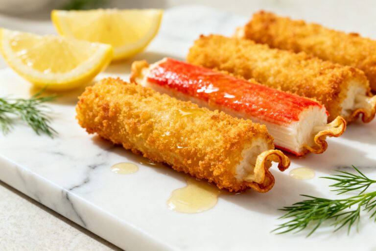 Air fryer crab sticks coated in crispy golden breadcrumbs, served with lemon wedges and fresh dill, featuring a crunchy exterior and tender seafood center.