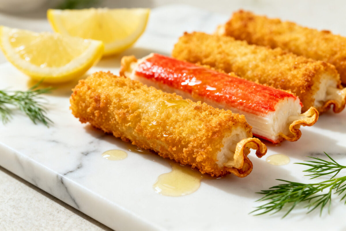 Air fryer crab sticks coated in crispy golden breadcrumbs, served with lemon wedges and fresh dill, featuring a crunchy exterior and tender seafood center.