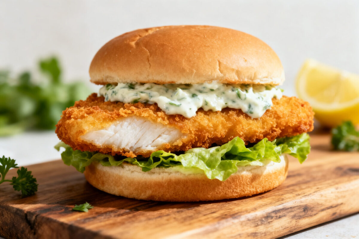 Air fryer fish sandwich with crispy breaded fish fillet, fresh lettuce, and creamy tartar sauce on a soft bun, served with lemon wedges.
