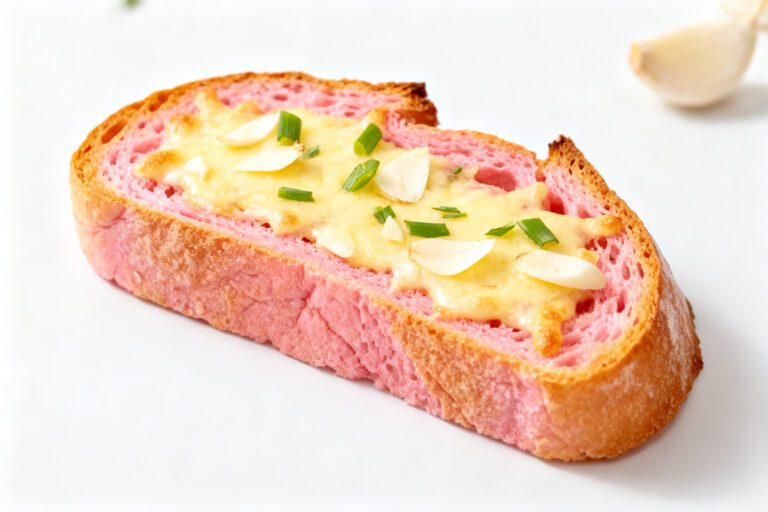 Air fryer pink garlic bread topped with melted cheese, garlic slices, and green onions on vibrant pink bread with a crispy golden crust.
