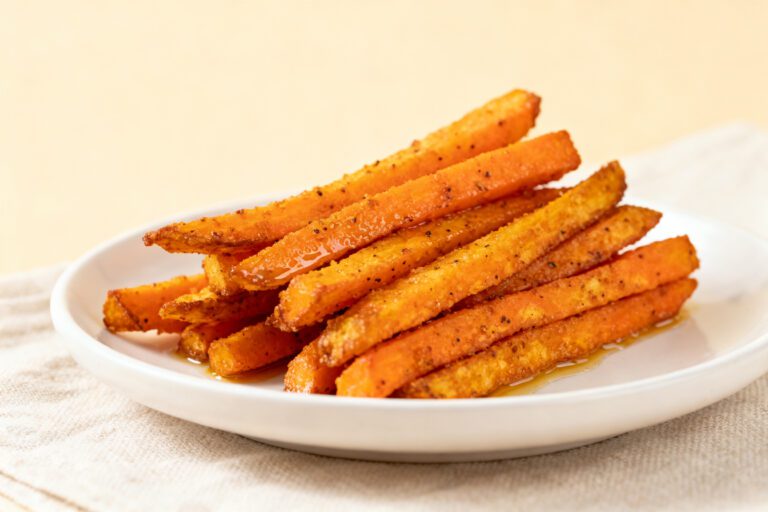 Air fryer crispy carrot fries seasoned with spices and roasted until golden brown, served on a white plate with crispy edges and tender centers.