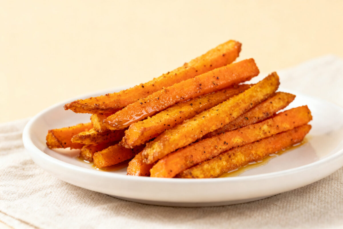 Air fryer crispy carrot fries seasoned with spices and roasted until golden brown, served on a white plate with crispy edges and tender centers.