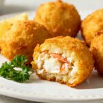 Air fryer crab bites with a crispy golden breadcrumb coating, filled with tender crab meat and served with lemon wedges and fresh parsley.