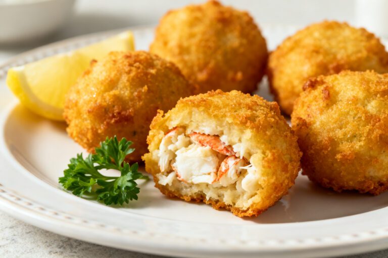 Air fryer crab bites with a crispy golden breadcrumb coating, filled with tender crab meat and served with lemon wedges and fresh parsley.
