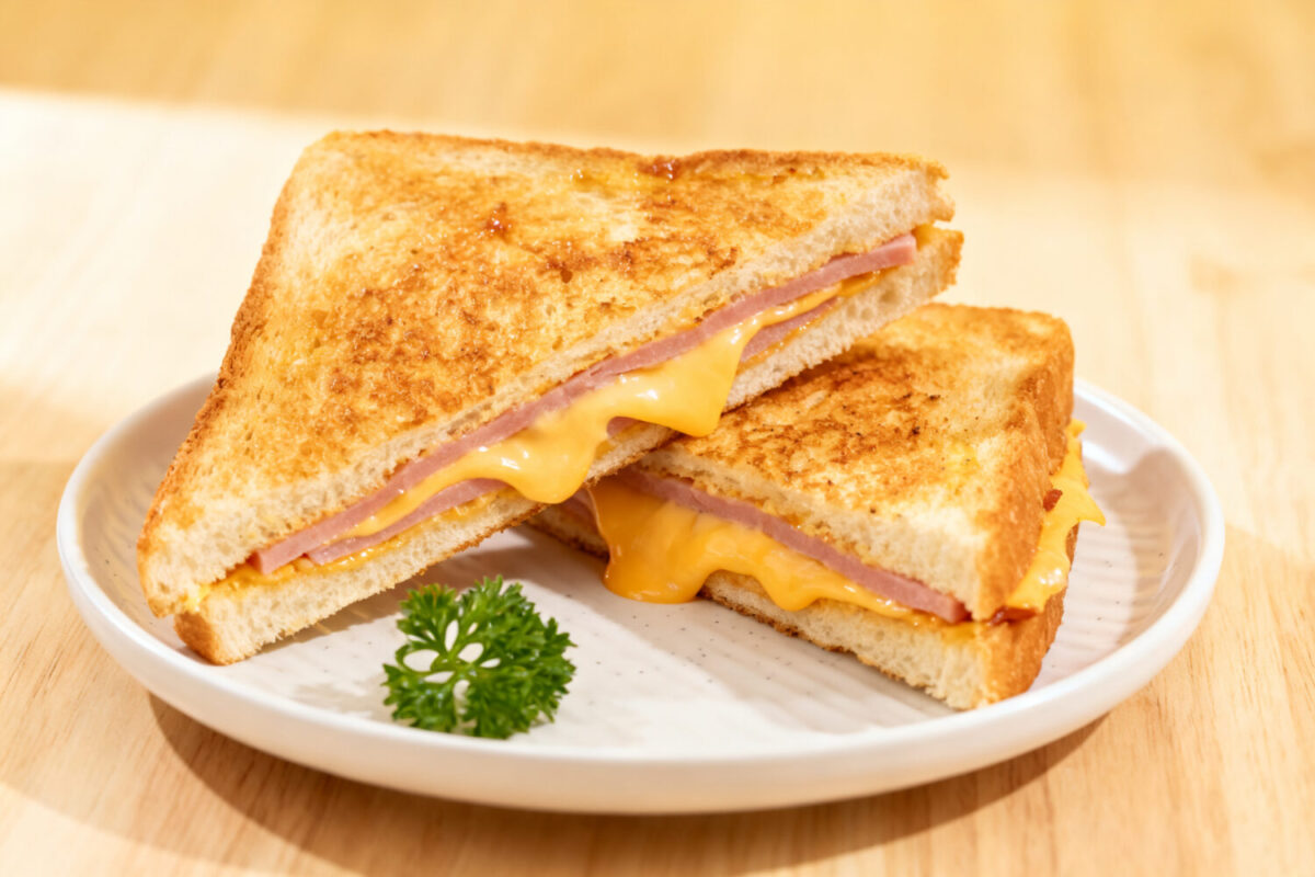 Air fryer ham and cheese sandwich with toasted golden bread, sliced ham, and melted cheddar cheese, served warm on a white plate.