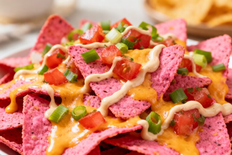 Air fryer pink nachos topped with melted cheese, diced tomatoes, green onions, and creamy sauce, featuring crispy colorful tortilla chips and bold flavor.