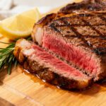 Air fryer thick steak cooked to medium rare with a juicy pink center, seared exterior, and rich flavor, served with rosemary and lemon on a wooden board.