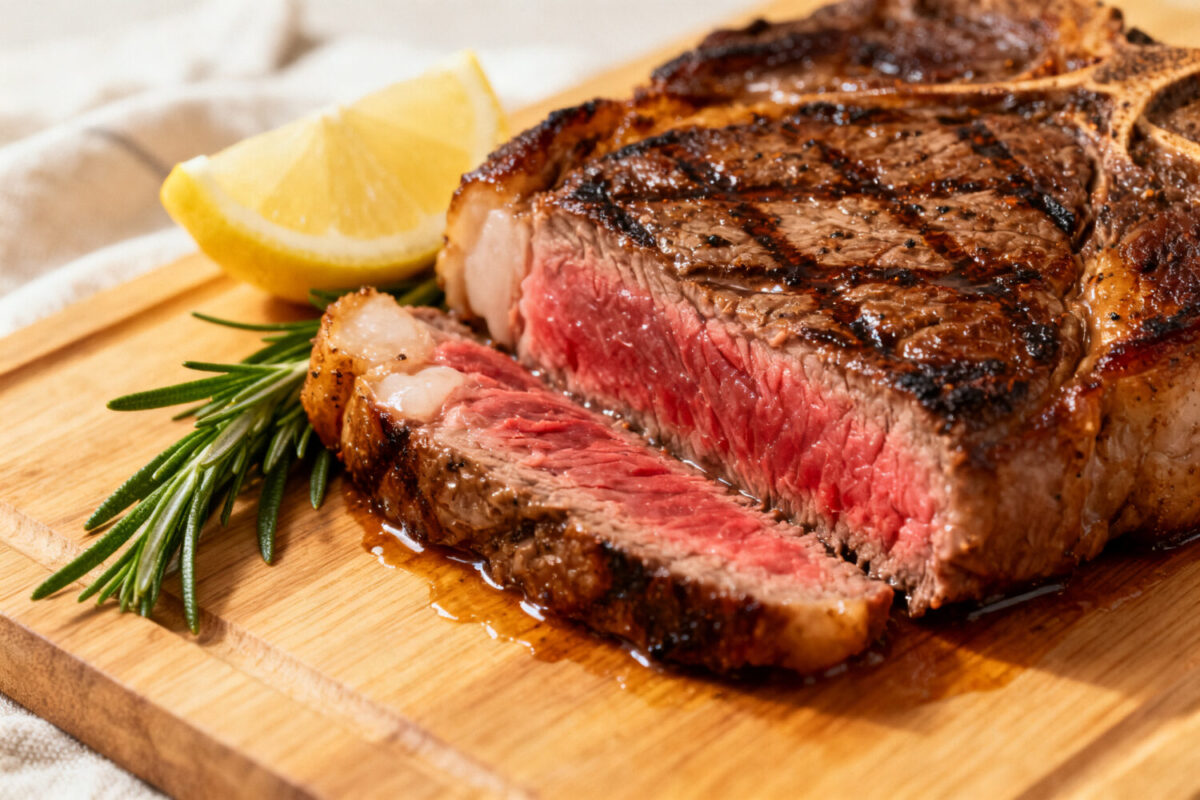 Air fryer thick steak cooked to medium rare with a juicy pink center, seared exterior, and rich flavor, served with rosemary and lemon on a wooden board.