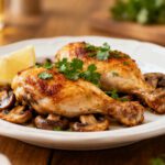 Air fryer chicken and mushrooms with juicy roasted chicken drumsticks, sautéed mushrooms, fresh parsley, and lemon wedges, served on a white dinner plate.