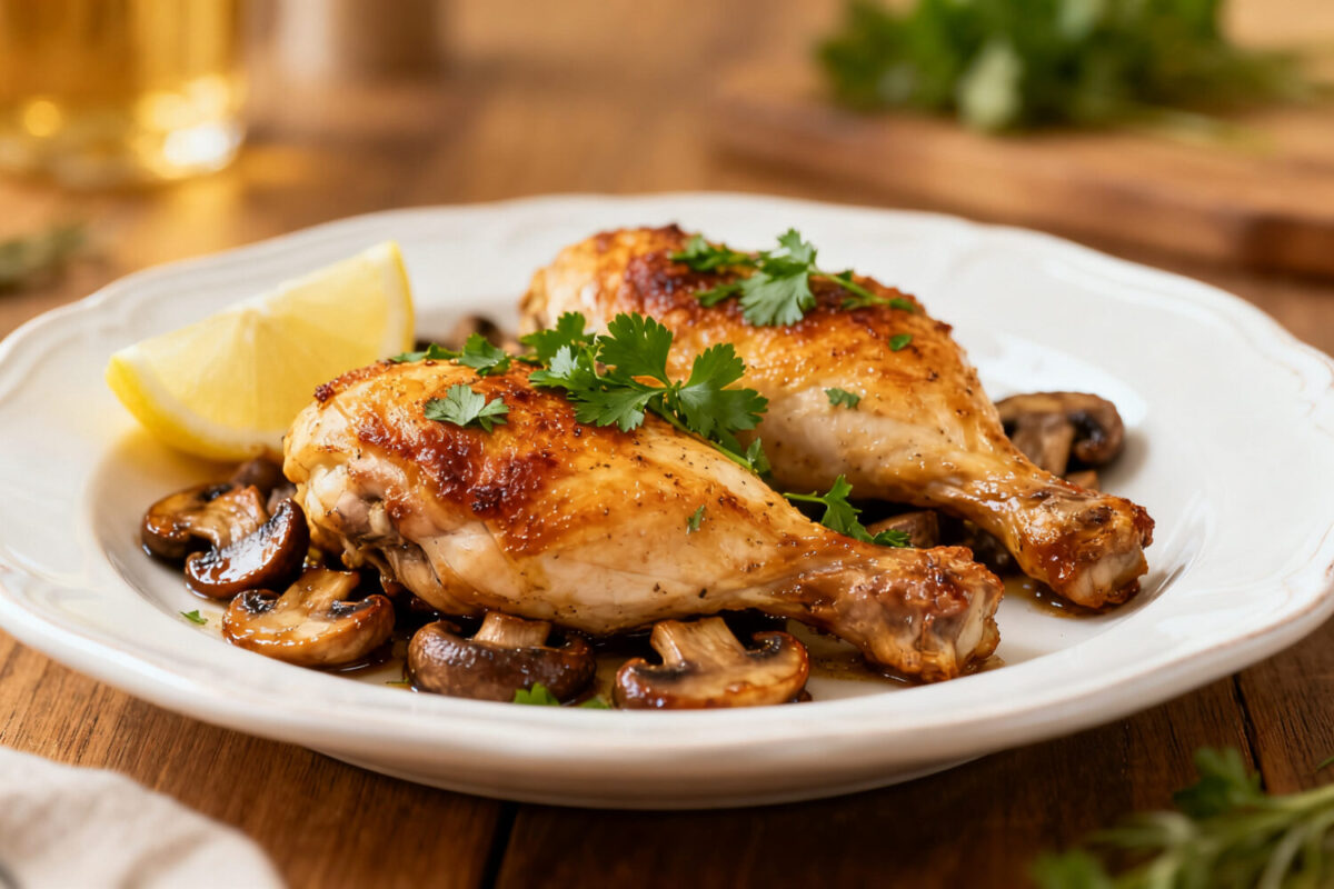 Air fryer chicken and mushrooms with juicy roasted chicken drumsticks, sautéed mushrooms, fresh parsley, and lemon wedges, served on a white dinner plate.