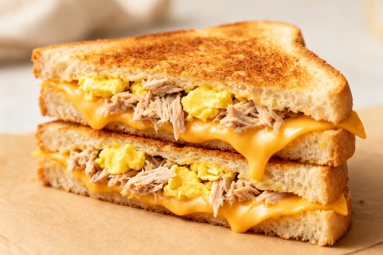 Air fryer tuna egg cheese sandwich with flaky tuna, chopped eggs, and melted cheddar cheese between crispy golden toasted bread slices.