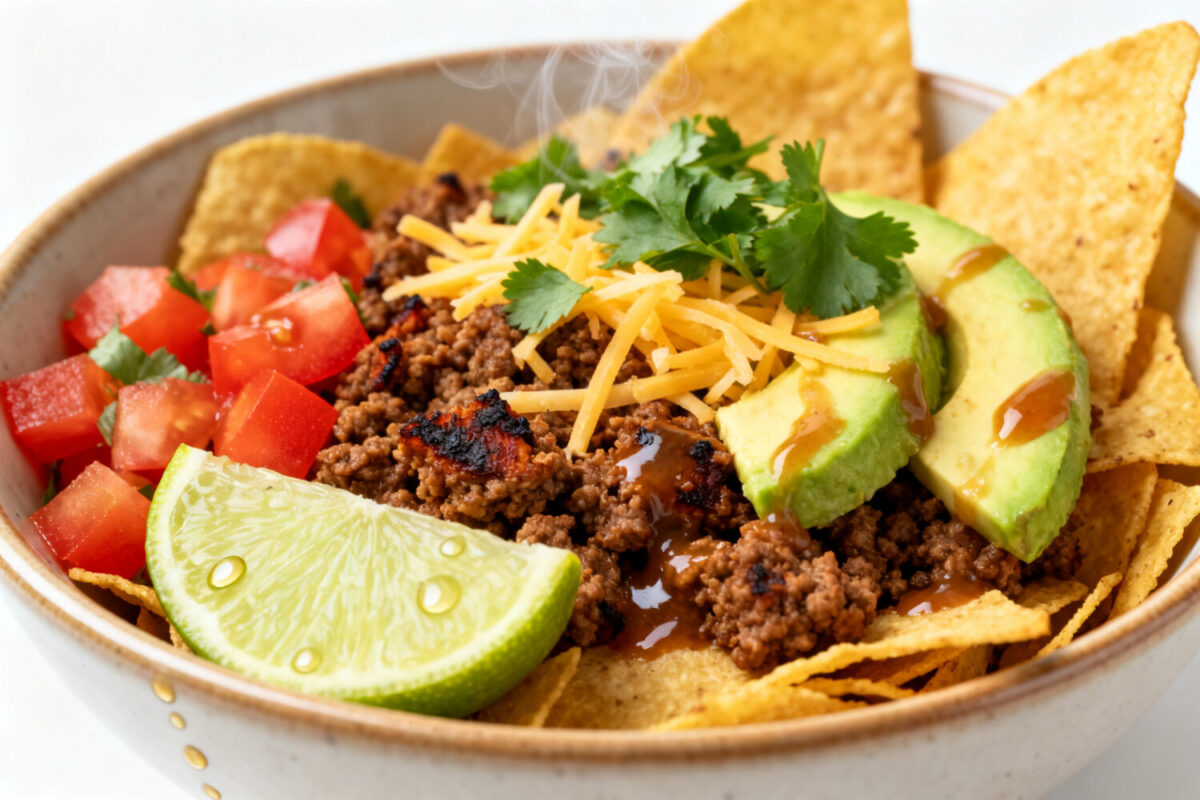 Air fryer taco bowl filled with seasoned ground beef, tortilla chips, shredded cheddar cheese, avocado slices, diced tomatoes, fresh cilantro, and lime wedges.