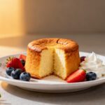 Air fryer cake for one served on a dessert plate with fresh strawberries, blueberries, and whipped cream. A small fluffy cake with a golden brown top perfect for a single serving.