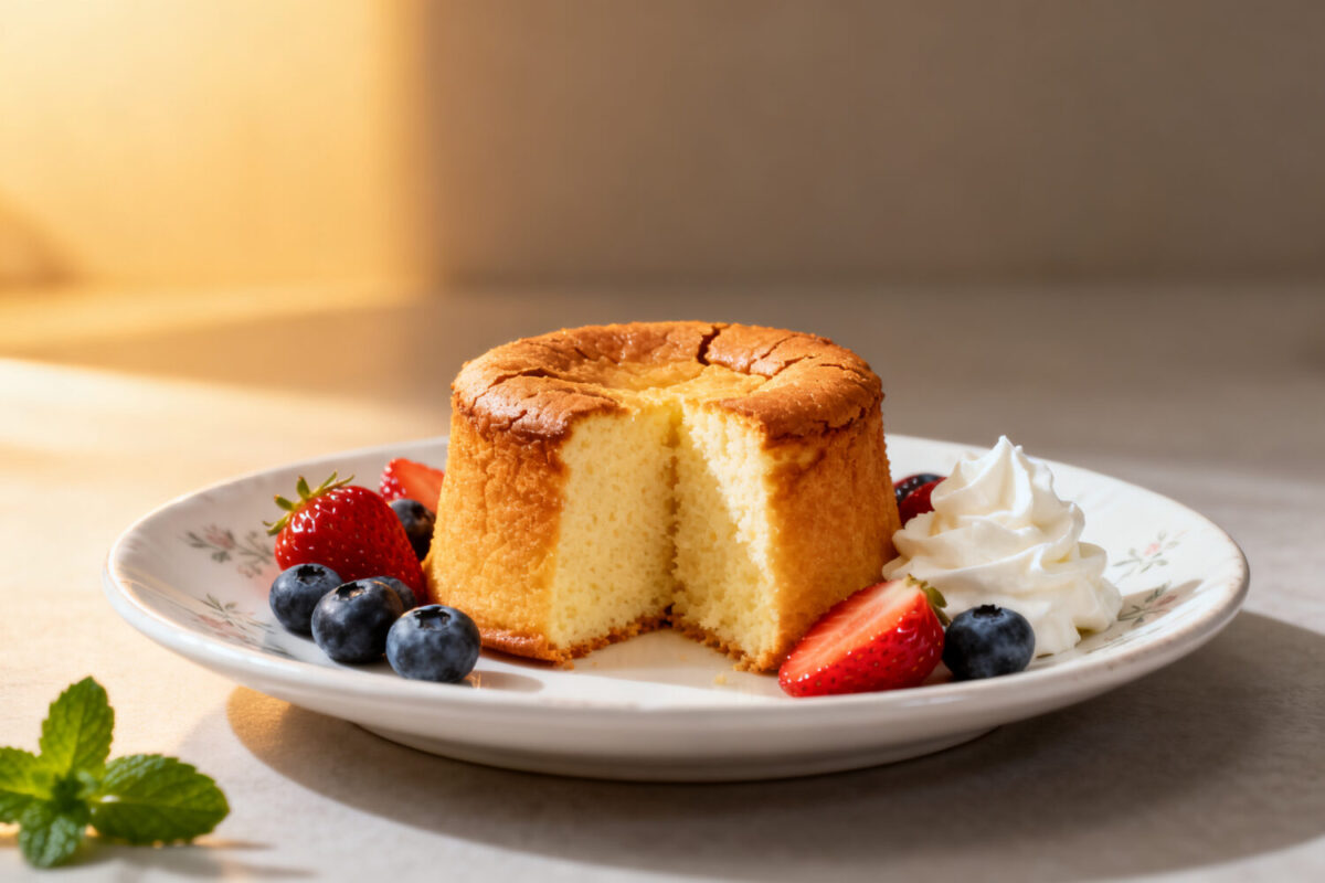 Air fryer cake for one served on a dessert plate with fresh strawberries, blueberries, and whipped cream. A small fluffy cake with a golden brown top perfect for a single serving.