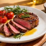 Air fryer venison steak cooked to medium rare with a juicy pink center, sliced and served with roasted cherry tomatoes, fresh rosemary, and pan juices on a white plate.