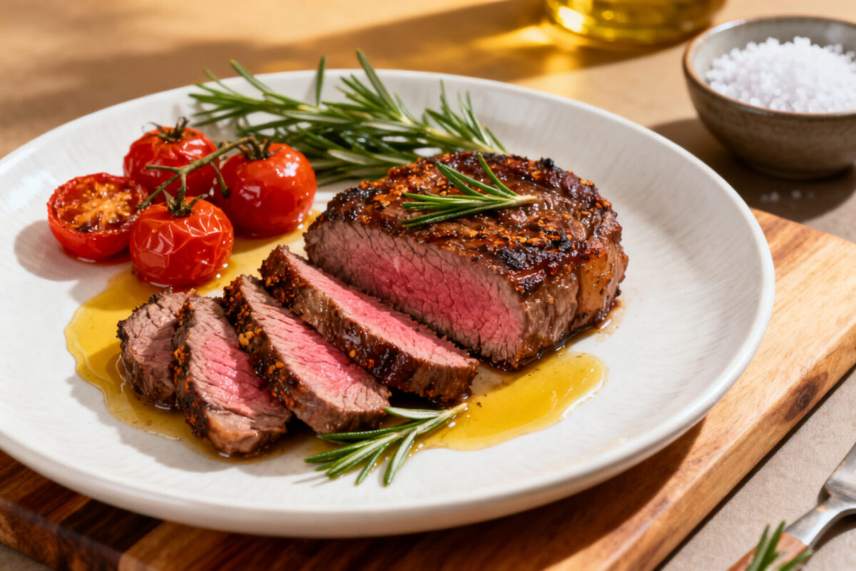 Air fryer venison steak cooked to medium rare with a juicy pink center, sliced and served with roasted cherry tomatoes, fresh rosemary, and pan juices on a white plate.