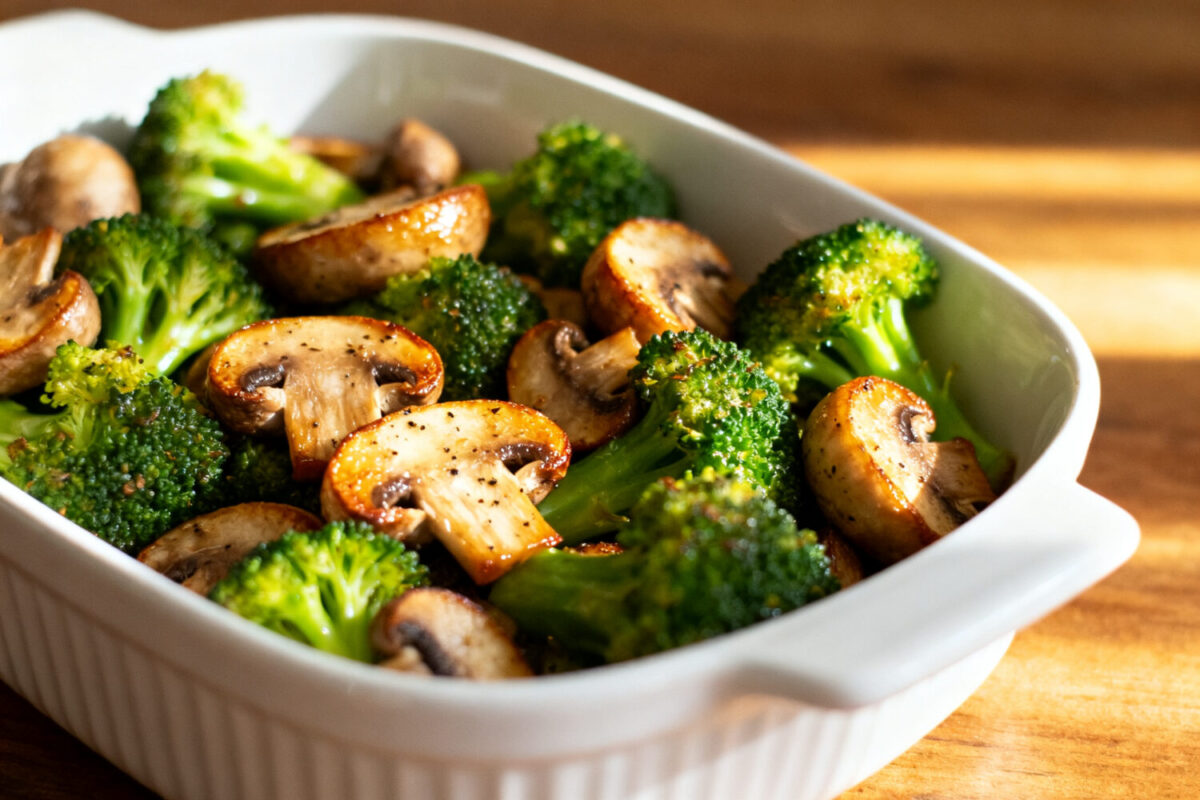 Air fryer broccoli and mushrooms roasted until tender with lightly crispy edges, served in a baking dish as a healthy and flavorful vegetable side dish.