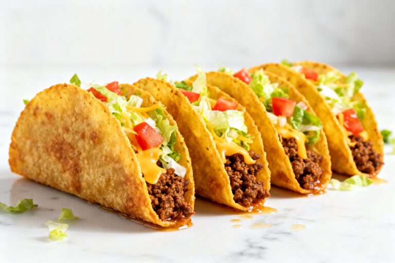 Air fryer tacos filled with seasoned ground beef, shredded lettuce, diced tomatoes, and melted cheese in crispy golden taco shells.