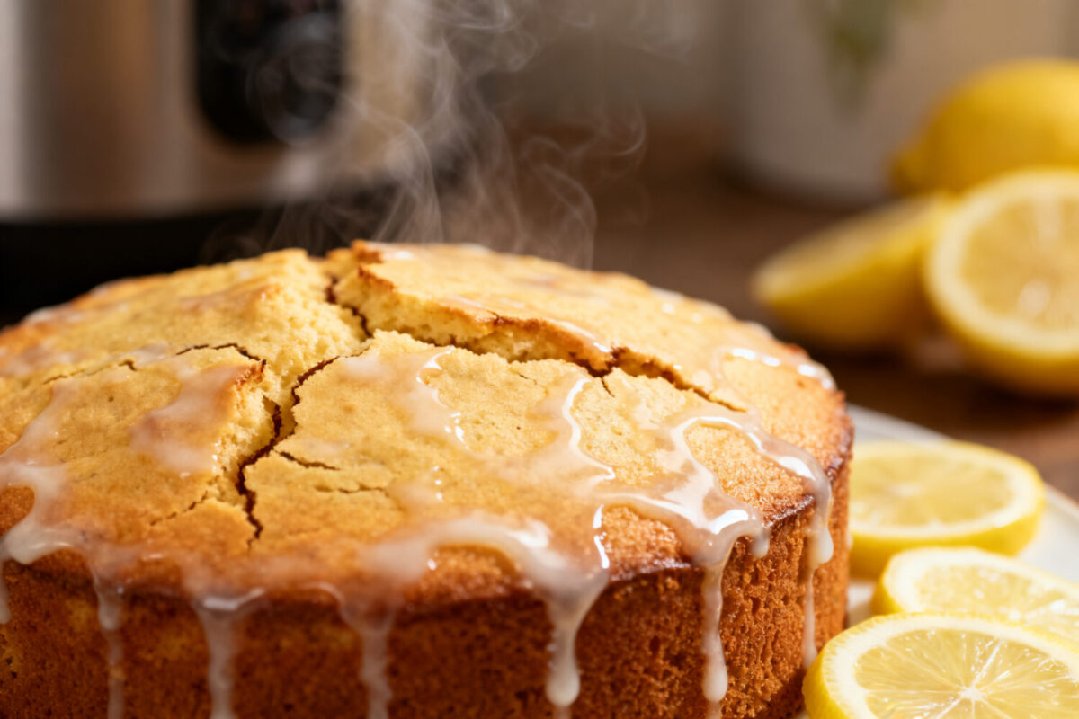 Air fryer lemon drizzle cake with a moist golden crumb and sweet lemon glaze, served with fresh lemon slices and a bright citrus flavor.