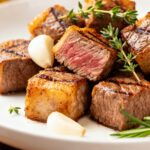Air fryer steak cubes with a perfectly seared exterior and juicy medium rare center, served with garlic cloves and fresh rosemary on a white plate.