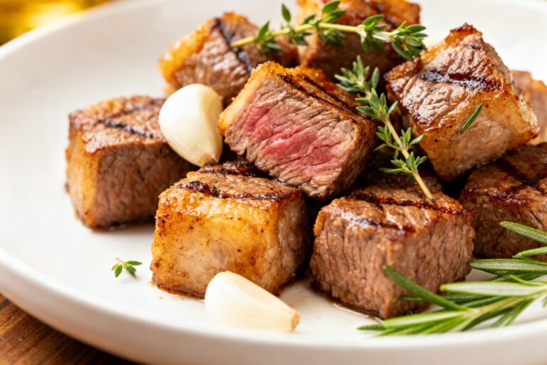 Air fryer steak cubes with a perfectly seared exterior and juicy medium rare center, served with garlic cloves and fresh rosemary on a white plate.