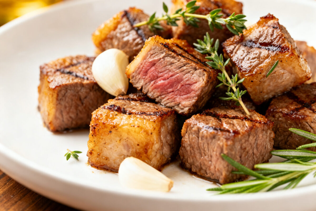 Air fryer steak cubes with a perfectly seared exterior and juicy medium rare center, served with garlic cloves and fresh rosemary on a white plate.