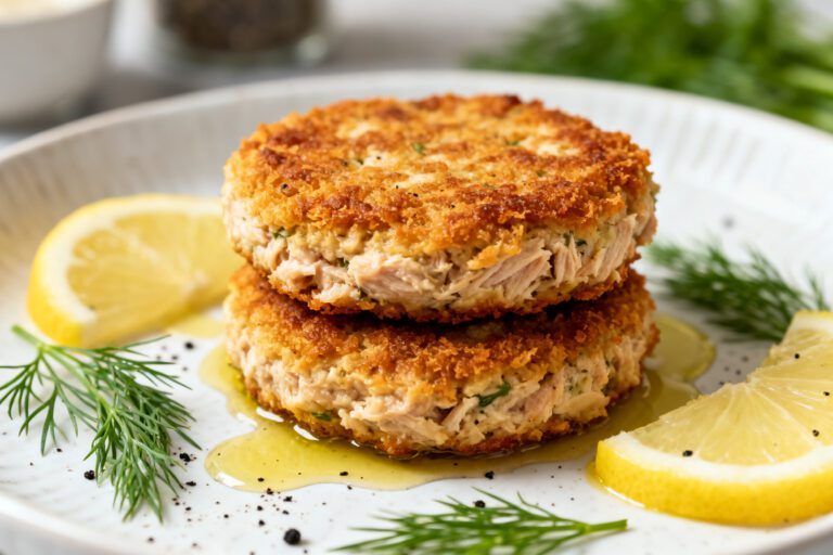 Air fryer keto tuna patties with a crispy golden crust, flaky tuna filling, fresh dill, and lemon wedges, served as a low carb high protein meal.